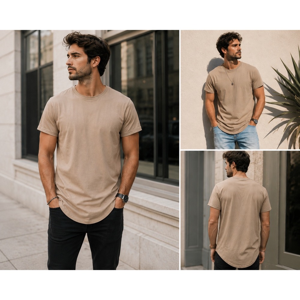H&M T-Shirt Mens M Tan 100% Cotton Long Fit Curved Hem Crew Neck Basic Tee